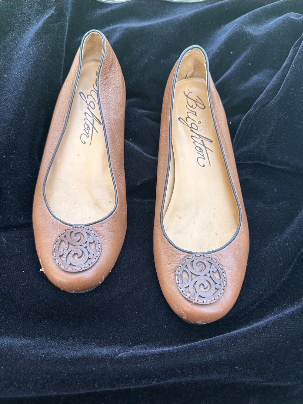 Brighton Tan Leather Ballet Flats with Decorative Medallions